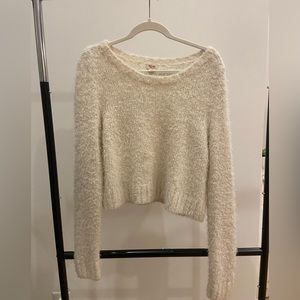 Cropped, fuzzy, long sleeve, cream sweater